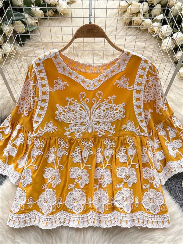 Vintage-Bluse im Boho-Stil, gelb, mit Häkelspitze und 3/4-Ärmeln, für Damen