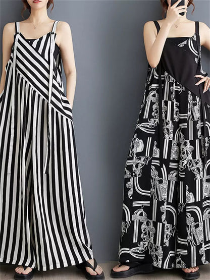 French Style Loose Fit Wide Leg Suspender Jumpsuit  for Women