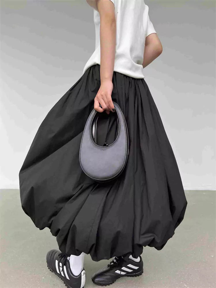 Japanese Style Black Pleated Puff A-Line Midi Skirt for Women