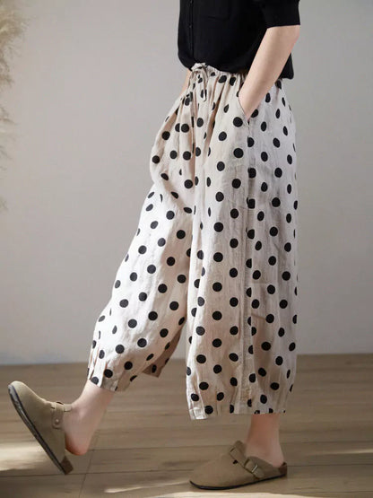 Pantalones casuales de lino y algodón con lunares y pierna ancha para mujer, talla grande