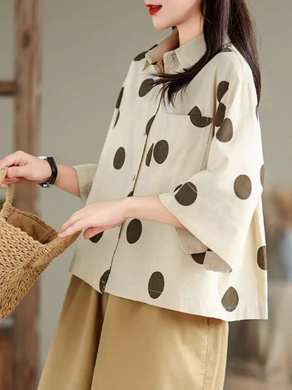 Vintage Polka Dot Cotton Linen Short Sleeve Shirt for Women