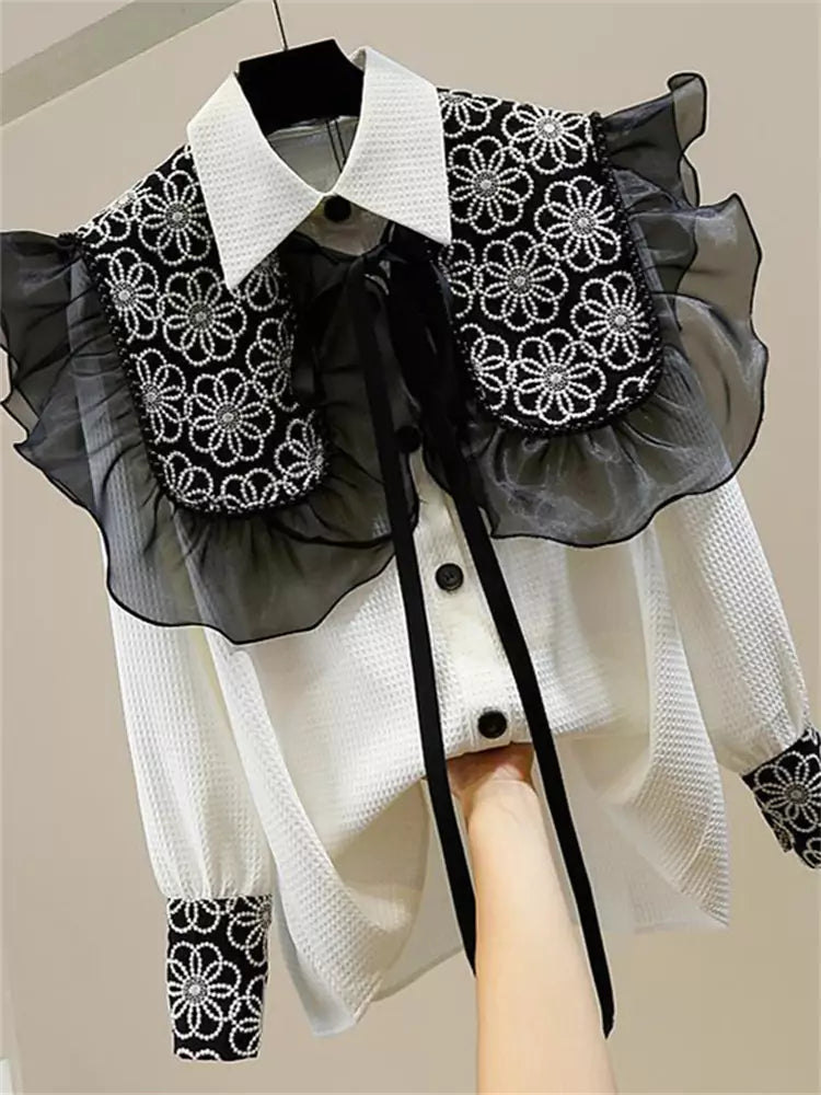 Sweet Embroidered Ruffle Trim Button-Up Shirt with Tie Cape Two-Piece Set for Women