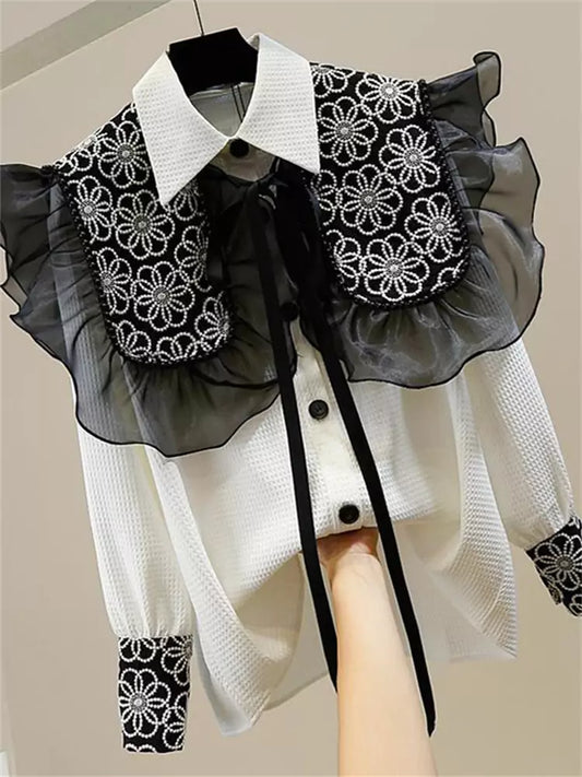Süßes, besticktes Rüschenblusen-Set mit Bindecape für Damen – zweiteiliger Look
