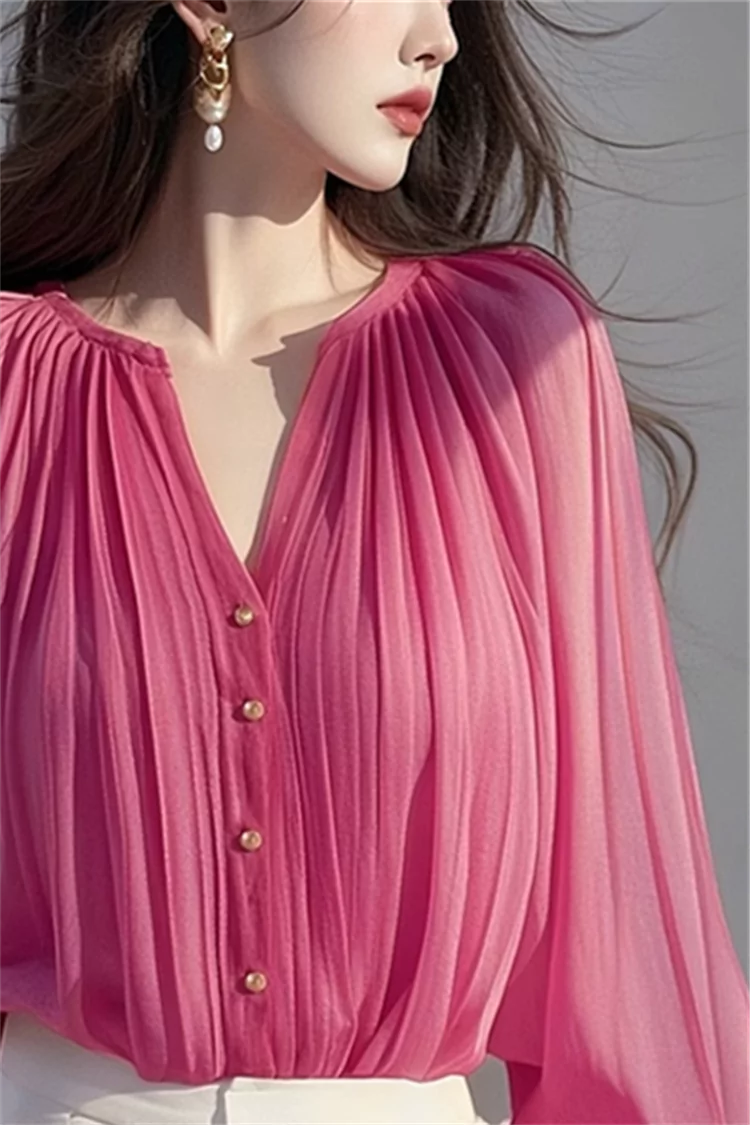 French Style Fuchsia Pink V-neck Chiffon Shirt for Women