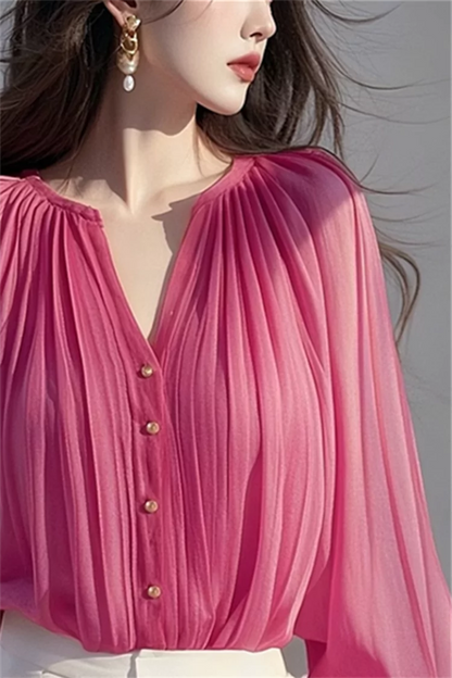 Französisches Chiffon-Hemd mit V-Ausschnitt in Fuchsia-Rosa für Damen