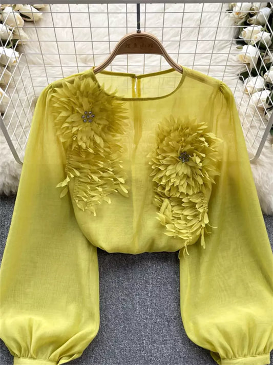 Französische 3D-Blumenbluse mit Puffärmeln und schmaler Passform für Damen