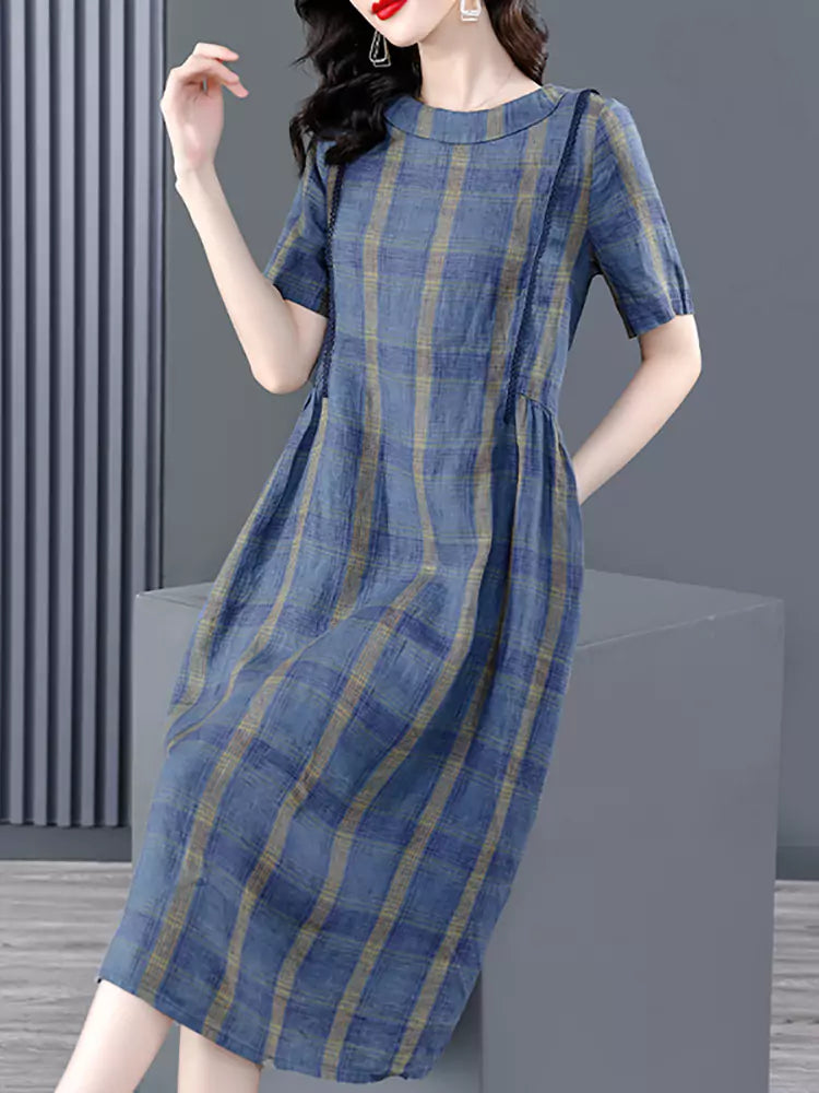 Elegant Plus Size Plaid Short Sleeve Midi Dress for Women