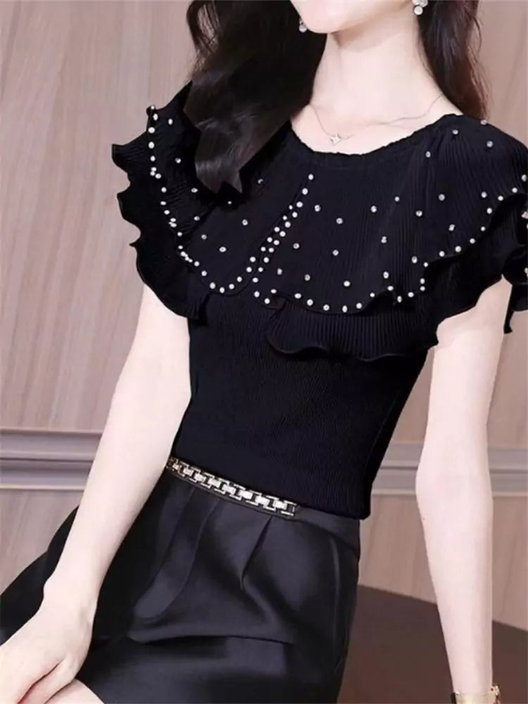 Stylish Cropped Knit Short Sleeve Top with Rhinestone Ruffle Collar for Women