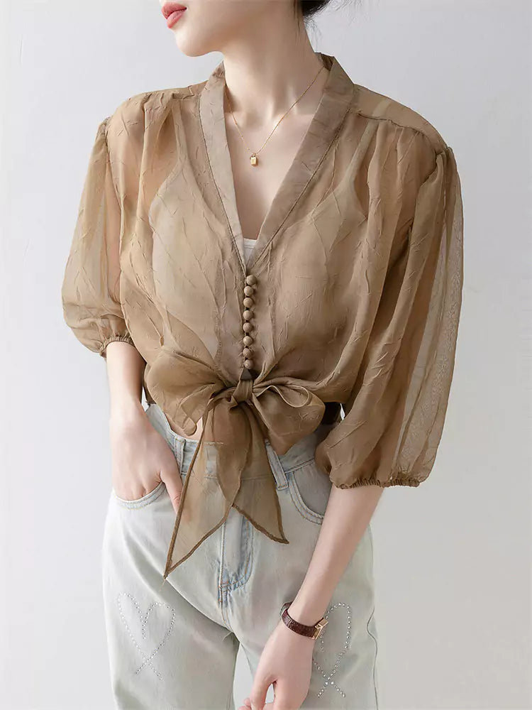 Lightweight V-Neck Chiffon Sun-Protective Blouse with Lantern Sleeves for Women