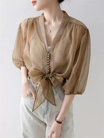 Leichte, sonnenschützende Chiffonbluse mit V-Ausschnitt und Laternenärmeln für Damen