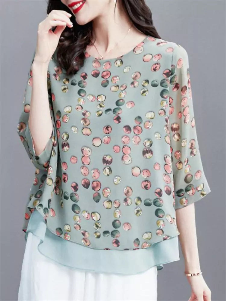 Trendy Plus Size Printed Short Sleeve Chiffon Blouse for Women