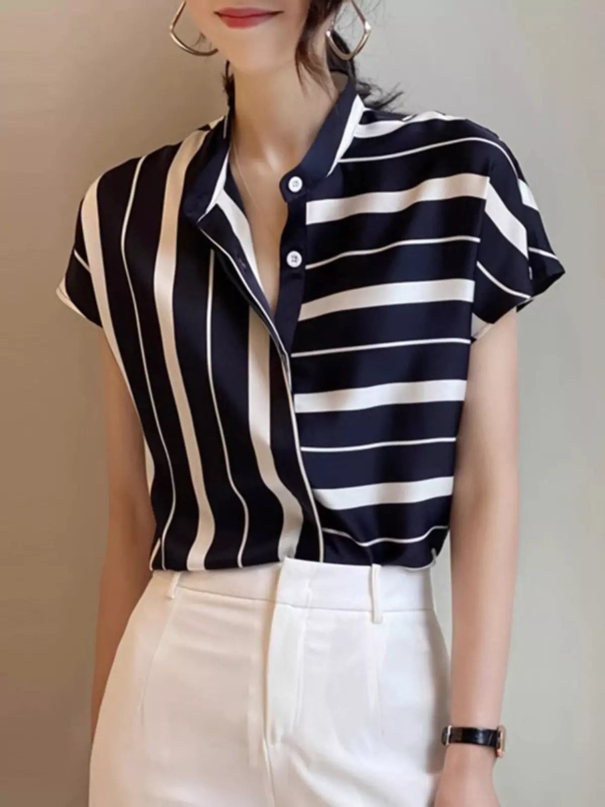 French Style Striped Chiffon Short Sleeve Stand Collar Blouse for Women