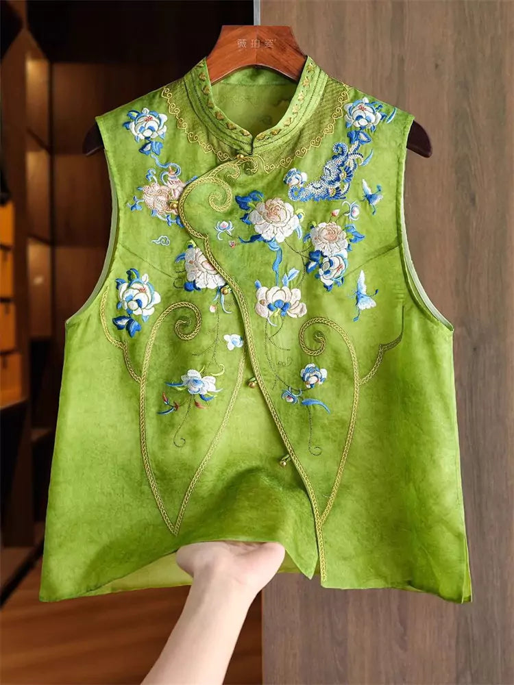 Chaleco tradicional chino bordado de satén de organza verde para mujer