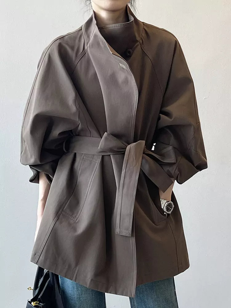 Vintage British Style Stand Collar Trench Coat for Women