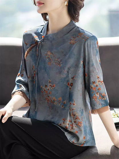 Vintage-Bluse mit Stehkragen und Print, halben Ärmeln für Damen