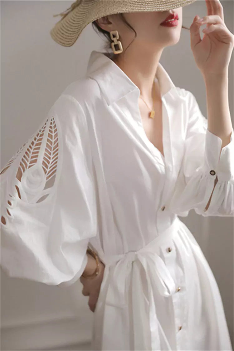 Exquisite Handcrafted White Hollow-Out Shirt Dress for Women