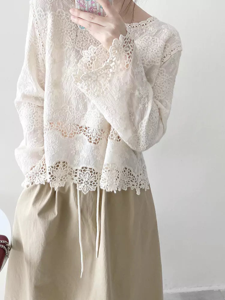 Jacquard-besticktes, weißes Baumwollspitzen-Pullover-Top mit Lochstickerei für Damen