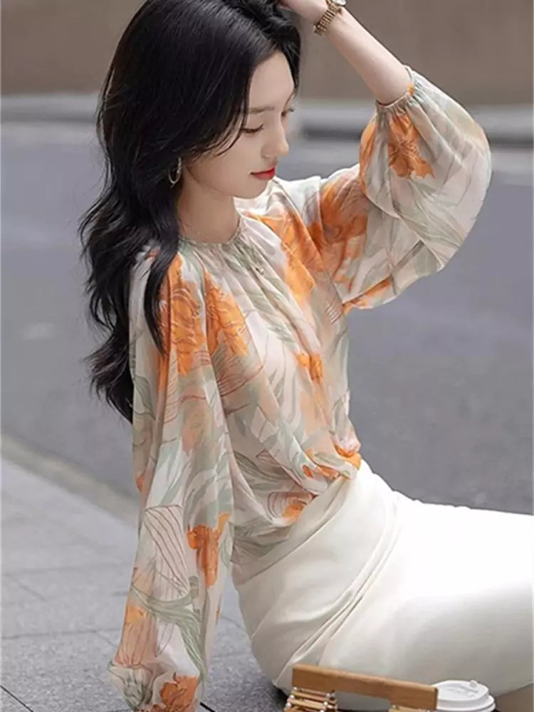 French Style Printed Round Neck Chiffon Blouse for Women Lantern Sleeve
