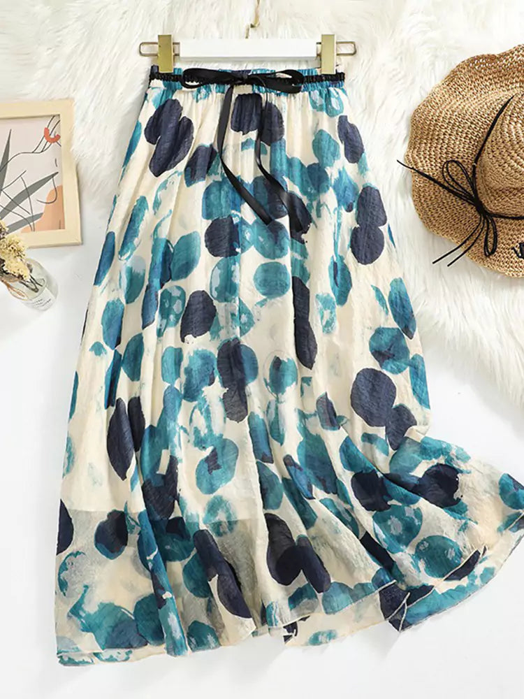 Double-Layer Ramie A-Line Flared Skirt with Polka Dot