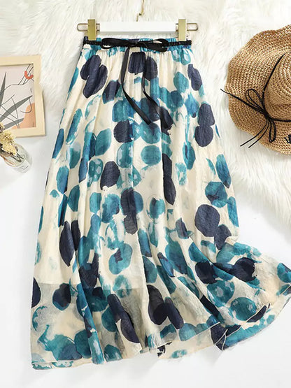 Doppellagiger A-Linien-Rock aus Ramie mit Polka-Dot-Muster