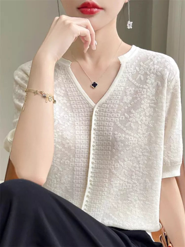 Elegant Beige V-Neck Beaded Pullover Blouse for Women