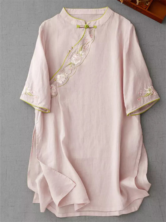 Vintage-Bluse aus Baumwoll-Leinen-Mischgewebe mit diagonal verlaufender, bestickter Knopfleiste in Rosa für Damen