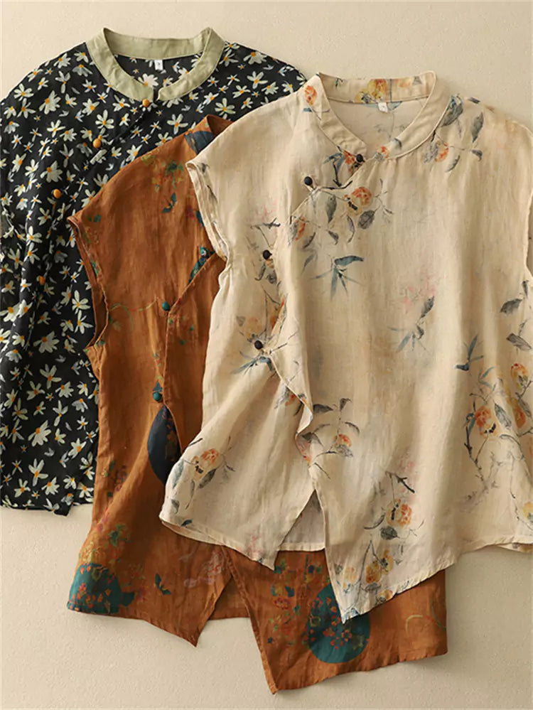 New Chinese Style Asymmetrical Placket Cotton Linen Blouse