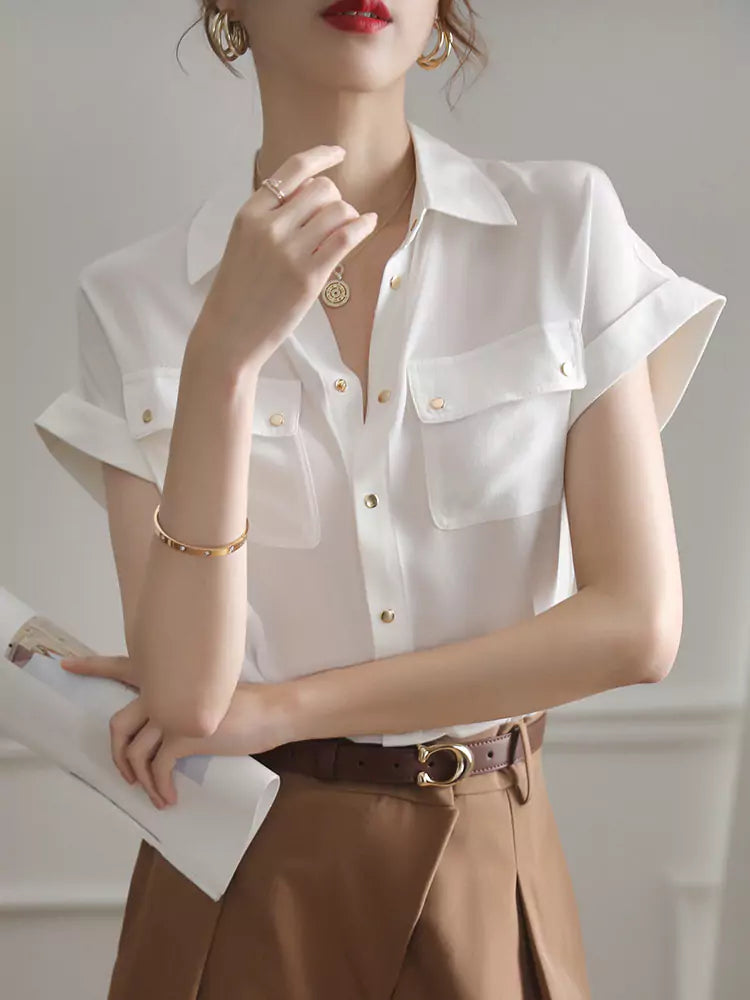 French Style Vintage White Short Sleeve Shirt for Women