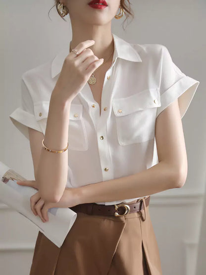 French Style Vintage White Short Sleeve Shirt for Women