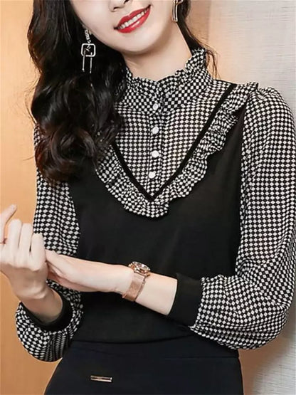 Vintage-Bluse mit Karomuster, Rüschen, Lagenlook, Stehkragen und langen Ärmeln