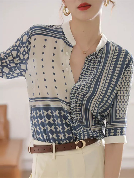 Blaue Chiffonbluse im französischen Stil mit Stehkragen und Vintage-Print für Damen, Kurzarm