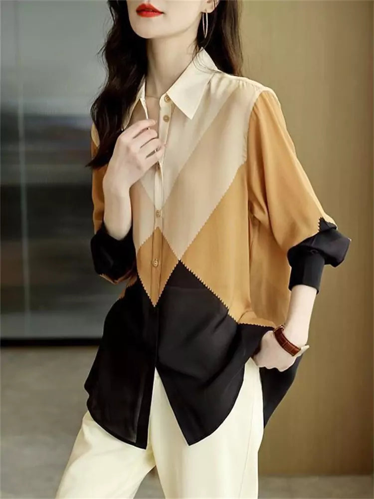Stilvolles Langarmshirt mit Farbblock-Patchwork-Design für Damen