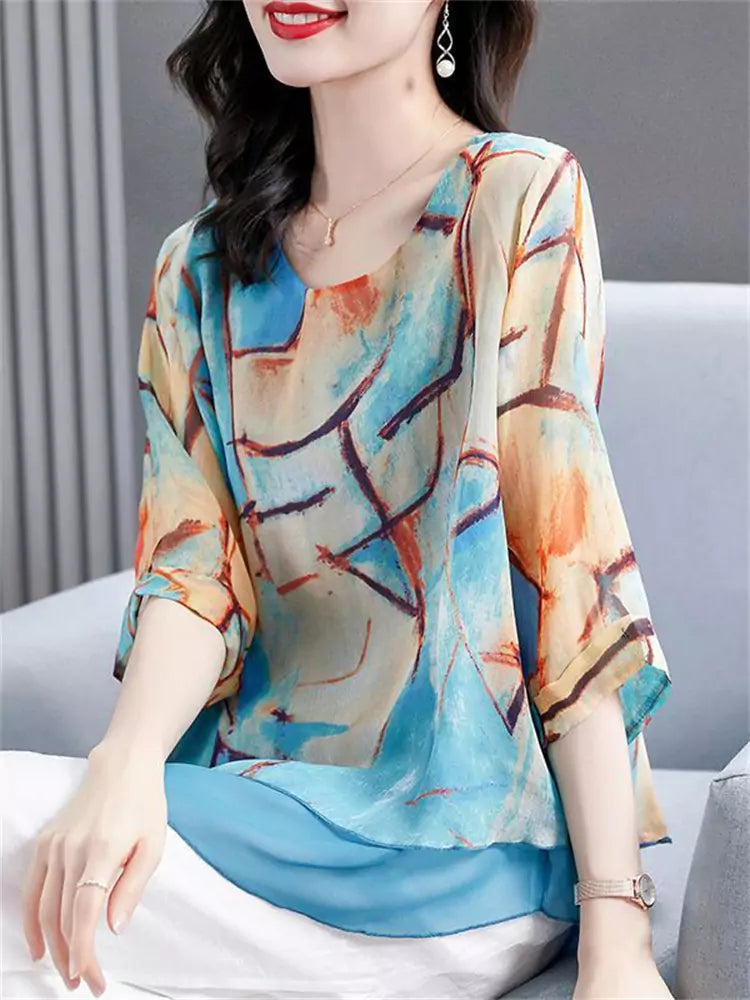 Elegant Plus Size Chiffon Printed Blouse with 3/4 Sleeves for Women
