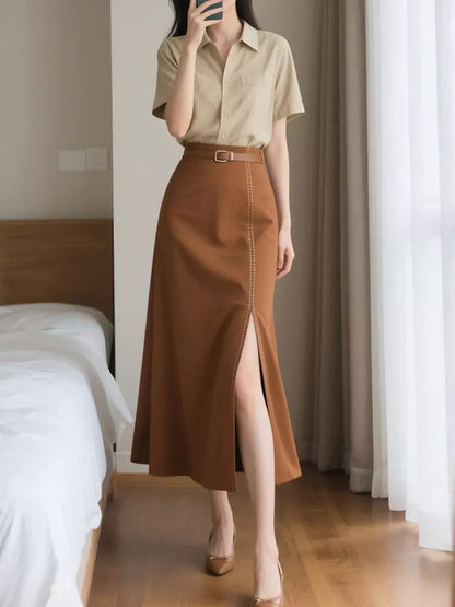 Conjunto elegante de camisa de manga corta y falda tubo retro para mujer