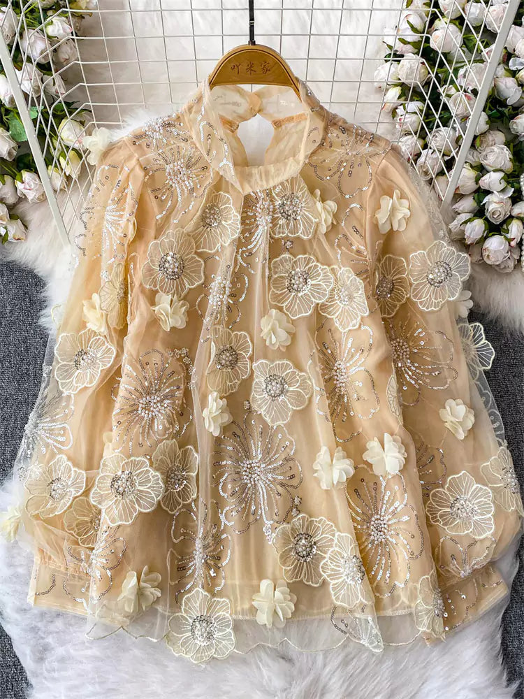 French Court Style Sheer Beaded Sequin Blouse with 3D Floral Embellishments for Women
