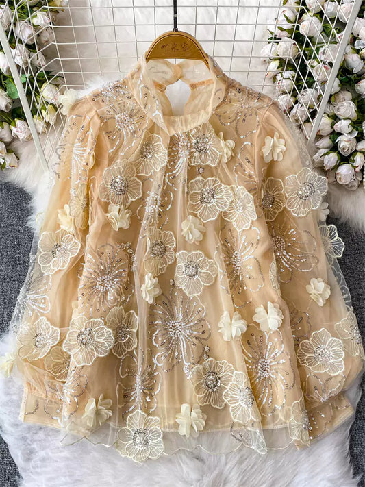 Transparente, perlenbesetzte Paillettenbluse im französischen Hofstil mit 3D-Blumenapplikationen für Damen