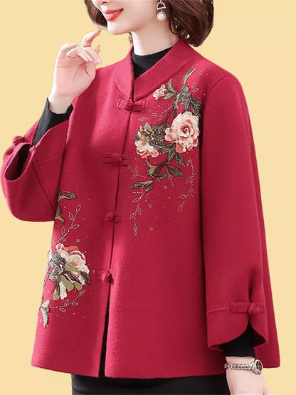 Kaschmirmantel im chinesischen Stil mit Blumenstickerei in Übergröße für Damen