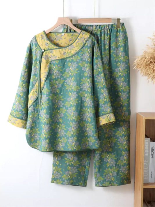 New Chinese Style Cotton Double-Gauze Lounge Set for Women