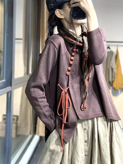 Blusa de punto asimétrica estilo chino vintage para mujer