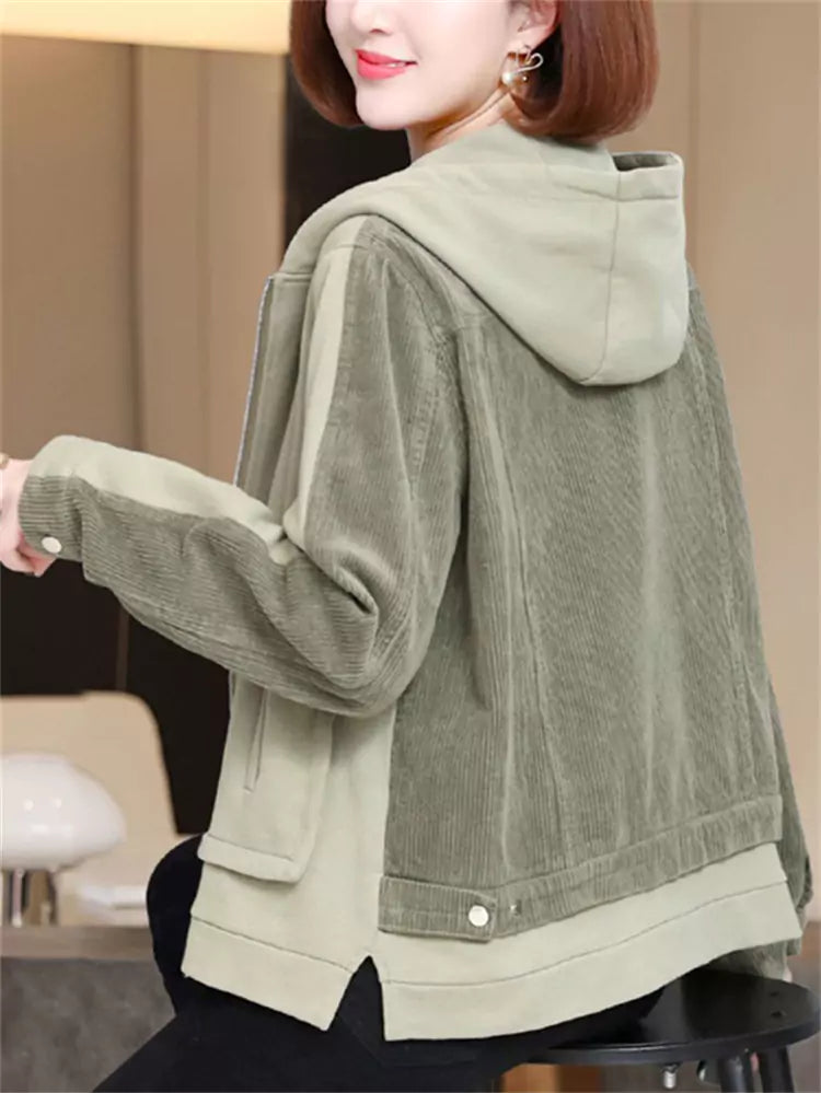 Lässige Cordjacke mit Kapuze und Patchwork-Design für Damen