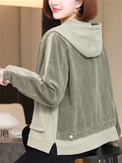 Lässige Cordjacke mit Kapuze und Patchwork-Design für Damen