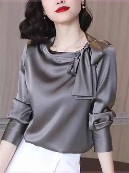 Elegante langärmlige Bluse mit Satinschleife für Damen