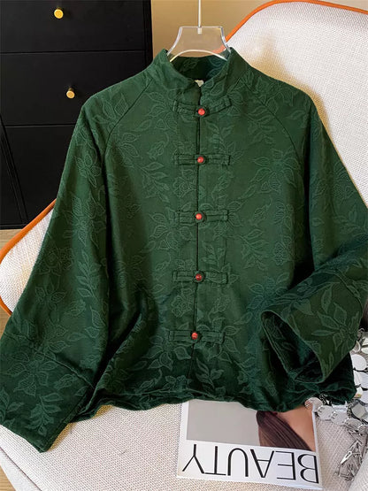 Vintage-Bluse im chinesischen Stil mit Jacquard-Muster, Stehkragen und Knopfleiste für Damen