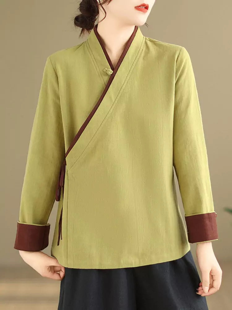 Vintage Chinese Style Asymmetrical Tie-Waist Cotton Linen Blouse for Women