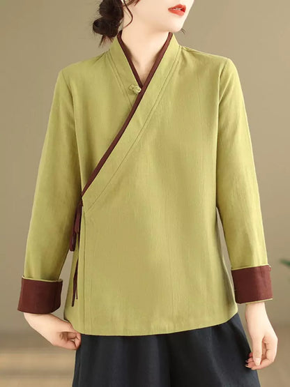 Vintage-Bluse im chinesischen Stil mit asymmetrischem Bindegürtel aus Baumwoll-Leinen für Damen