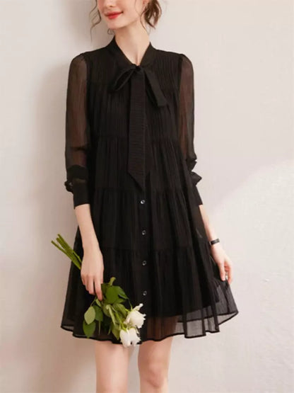 Elegantes, strukturiertes Midikleid mit langen Ärmeln und Schleife für Damen