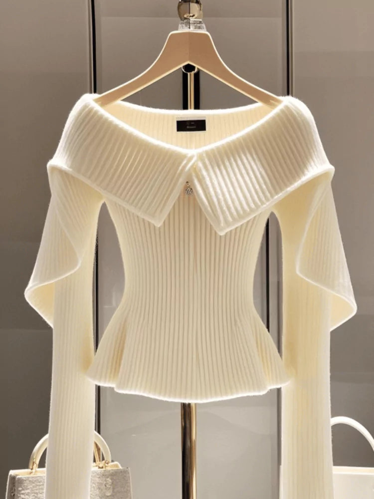 Elegant White Ruffle Off-Shoulder Long Sleeve Knit Sweater for Women