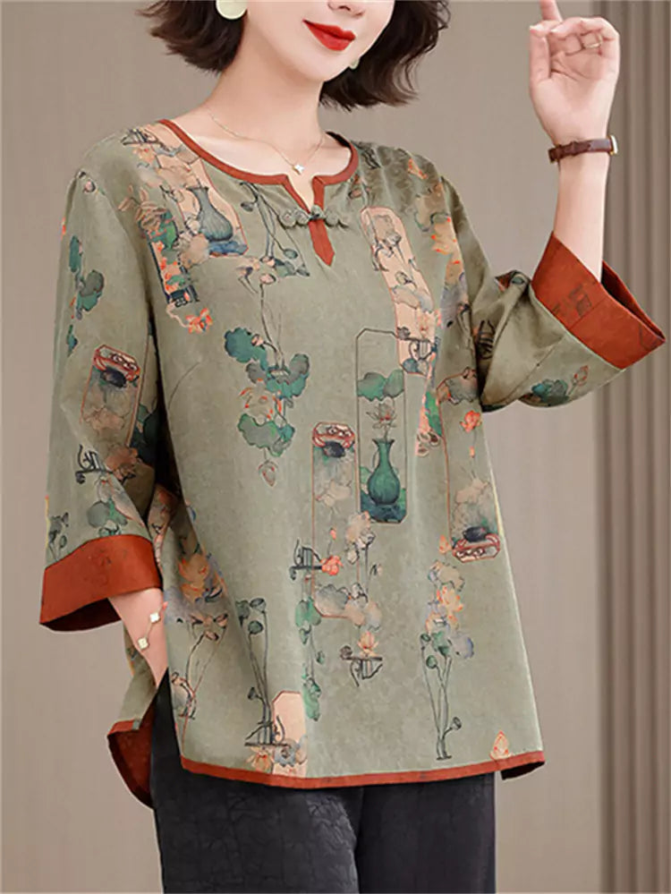 Blusa holgada de estilo chino con mangas 3/4 para mujer