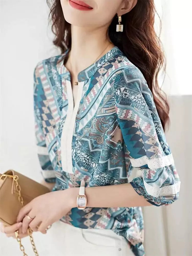 Bohemian Style Lightweight V-Neck Blouse with Lace Trim for Women