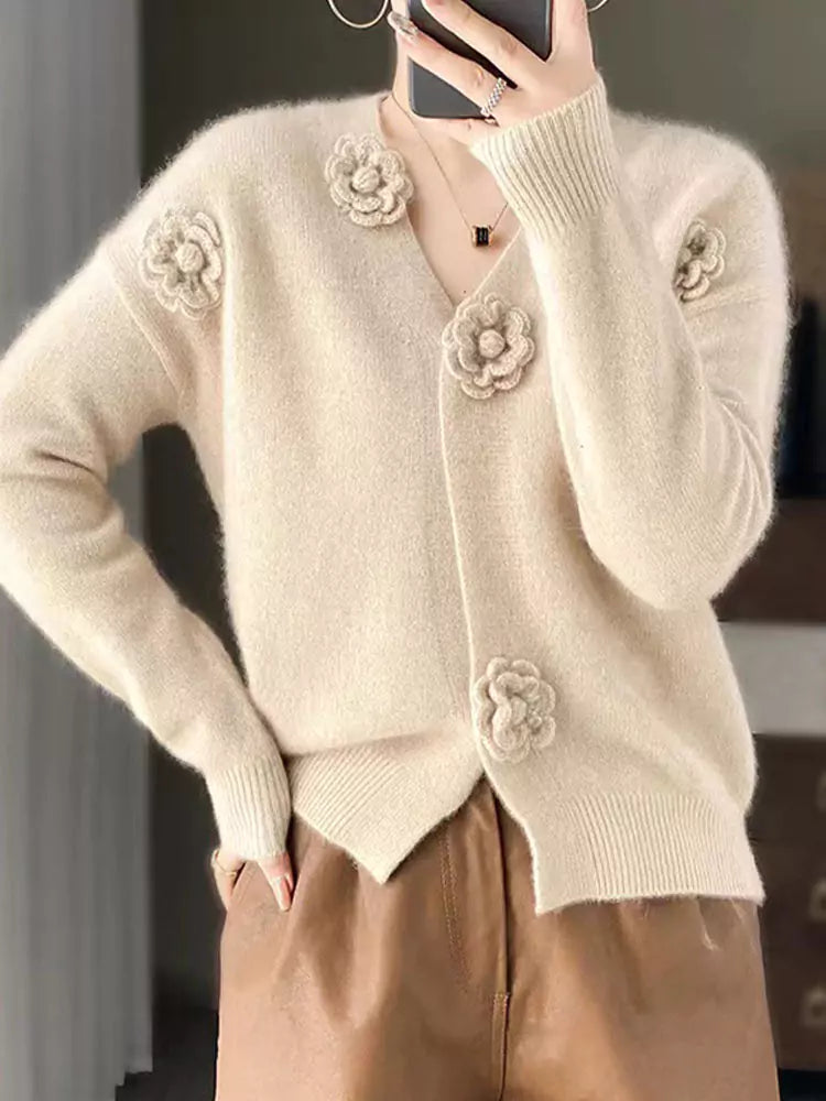 Romantischer V-Ausschnitt, 3D-Häkelstickerei, Strickcardigan für Damen